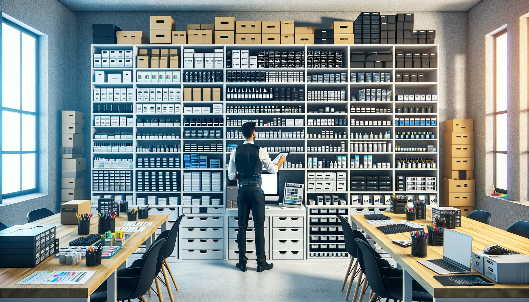 A well-organized office supply room filled with shelves stocked with various types of printer cartridges, neatly labeled and categorized by brand and model. The room is bright and orderly, with an office worker checking inventory and organizing the cartridges. The scene reflects a professional and efficient approach to managing office supplies, emphasizing the importance of having a wide range of cartridges readily available for different office printers.